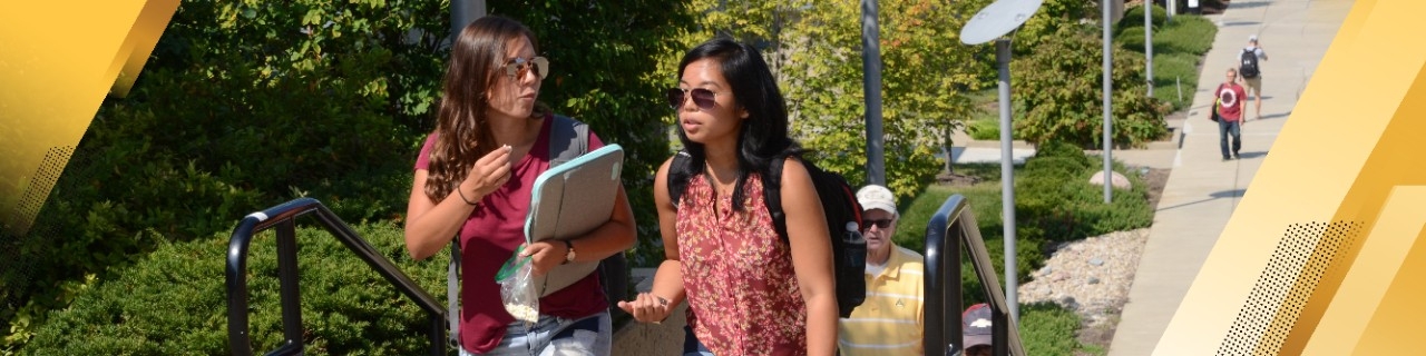 students walking up campus stairs