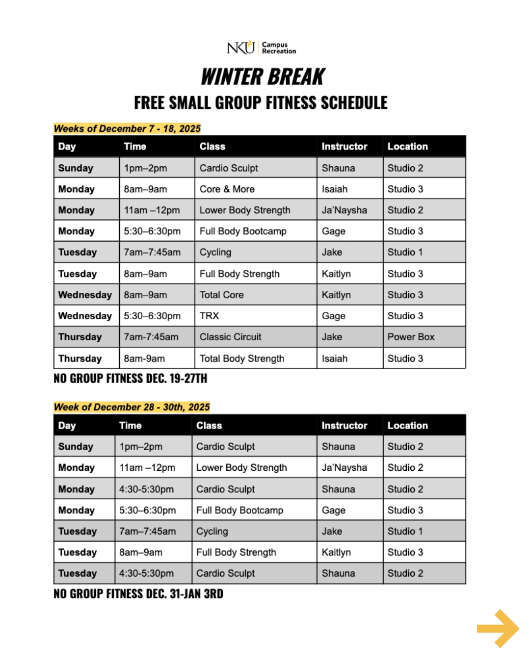winter break fitness schedules 