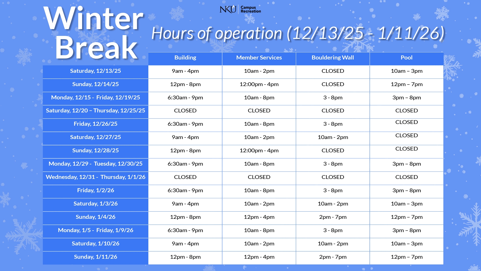 winter break schedules