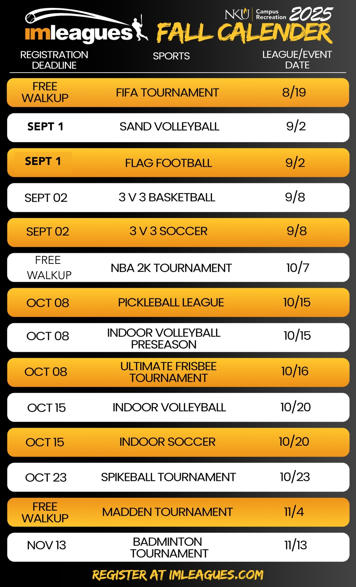 fall im schedules
