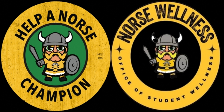 A black backgound with gold and green logos with text reading "Help A Norse Champion", "NKU Dean of Students", and "Norse Wellness; Office of Student Wellness"