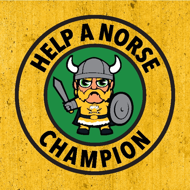 A black backgound with gold and green logos with text reading "Help A Norse Champion", "NKU Dean of Students", and "Norse Wellness; Office of Student Wellness"