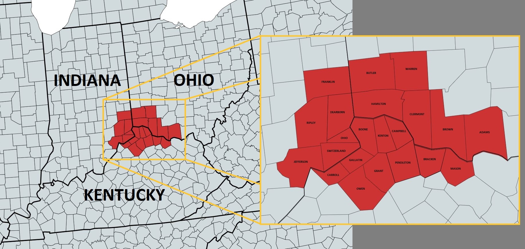 Exempt counties highlighted in red with context on the map for Indiana, Ohio, and Kentucky