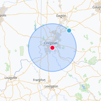 Exempt counties highlighted in red with context on the map for Indiana, Ohio, and Kentucky