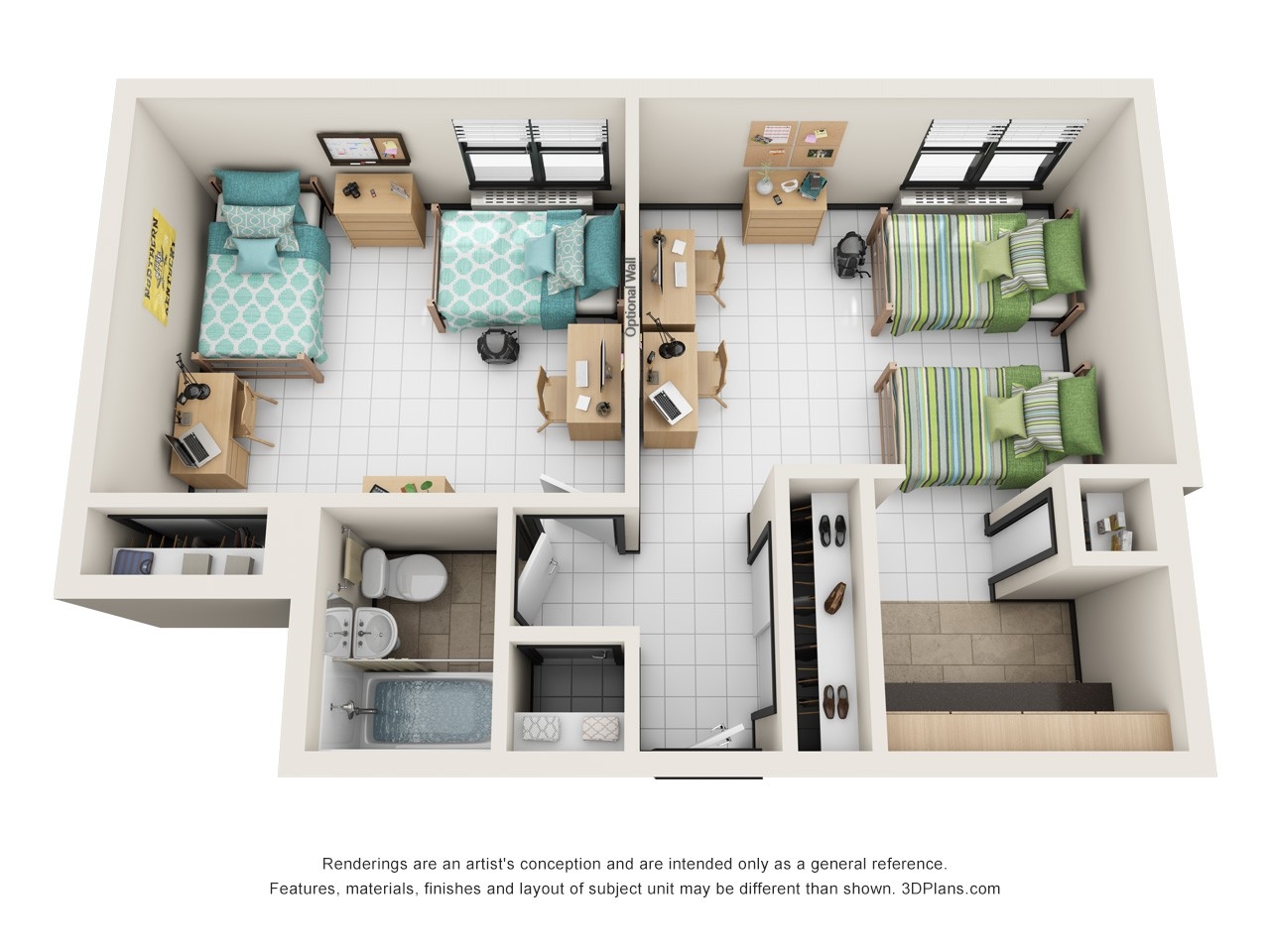 Rendering of Callahan Quad with Full Bathroom. This rendering is an artist's conception and are intended only as a general reference. Features, materials, finishes and layout of subject unit may be different than shown. 