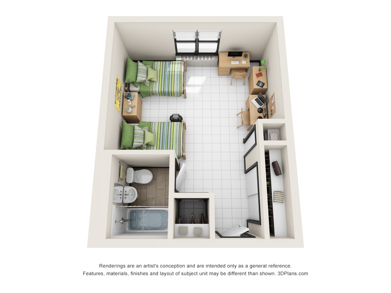 Rendering of Callahan Double with Full Bathroom. This rendering is an artist's conception and are intended only as a general reference. Features, materials, finishes and layout of subject unit may be different than shown. 