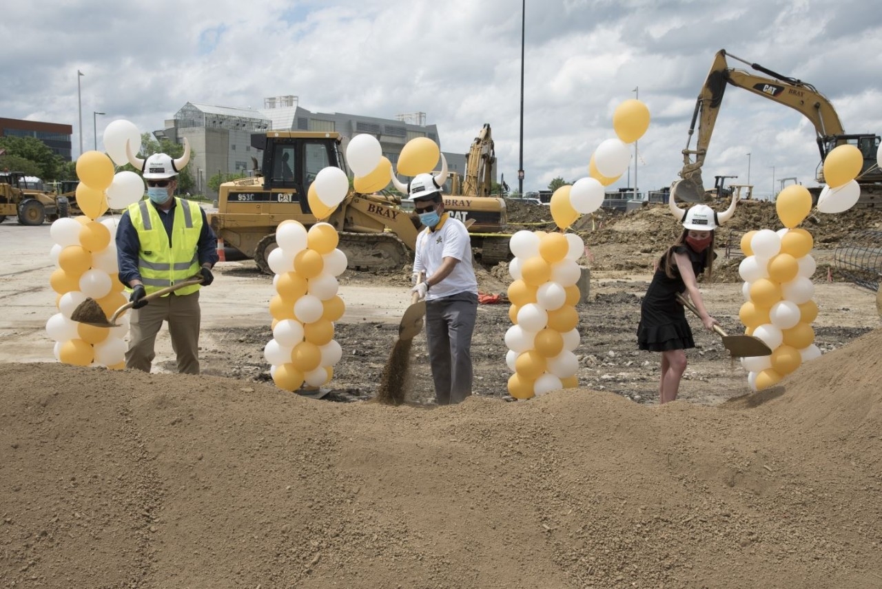 Breaking ground with President Vaidya, SGA President Goodwin, Messer Construction