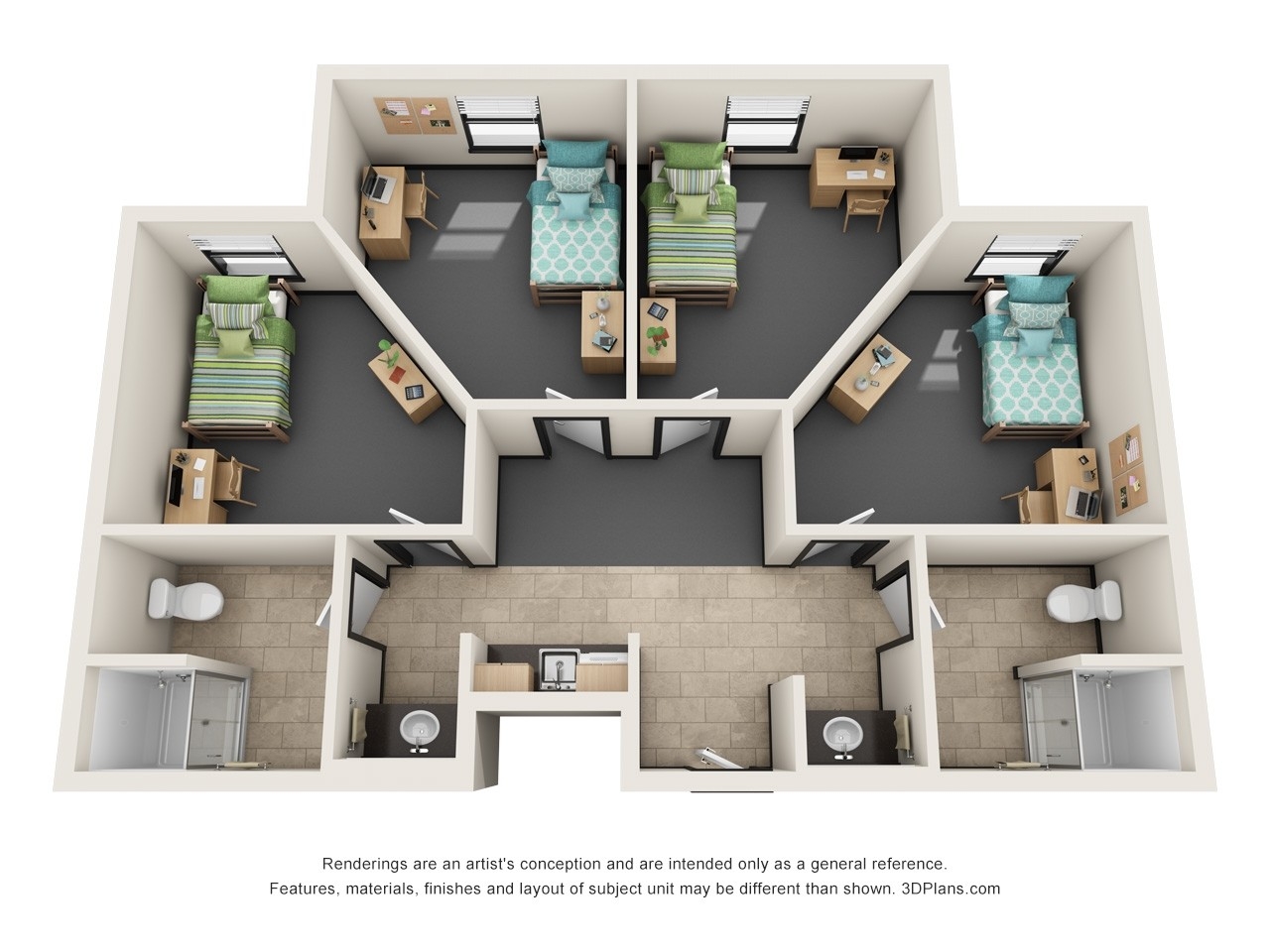 Rendering of University Suites 4-Bedroom Suite. This rendering is an artist's conception and are intended only as a general reference. Features, materials, finishes and layout of subject unit may be different than shown. 
