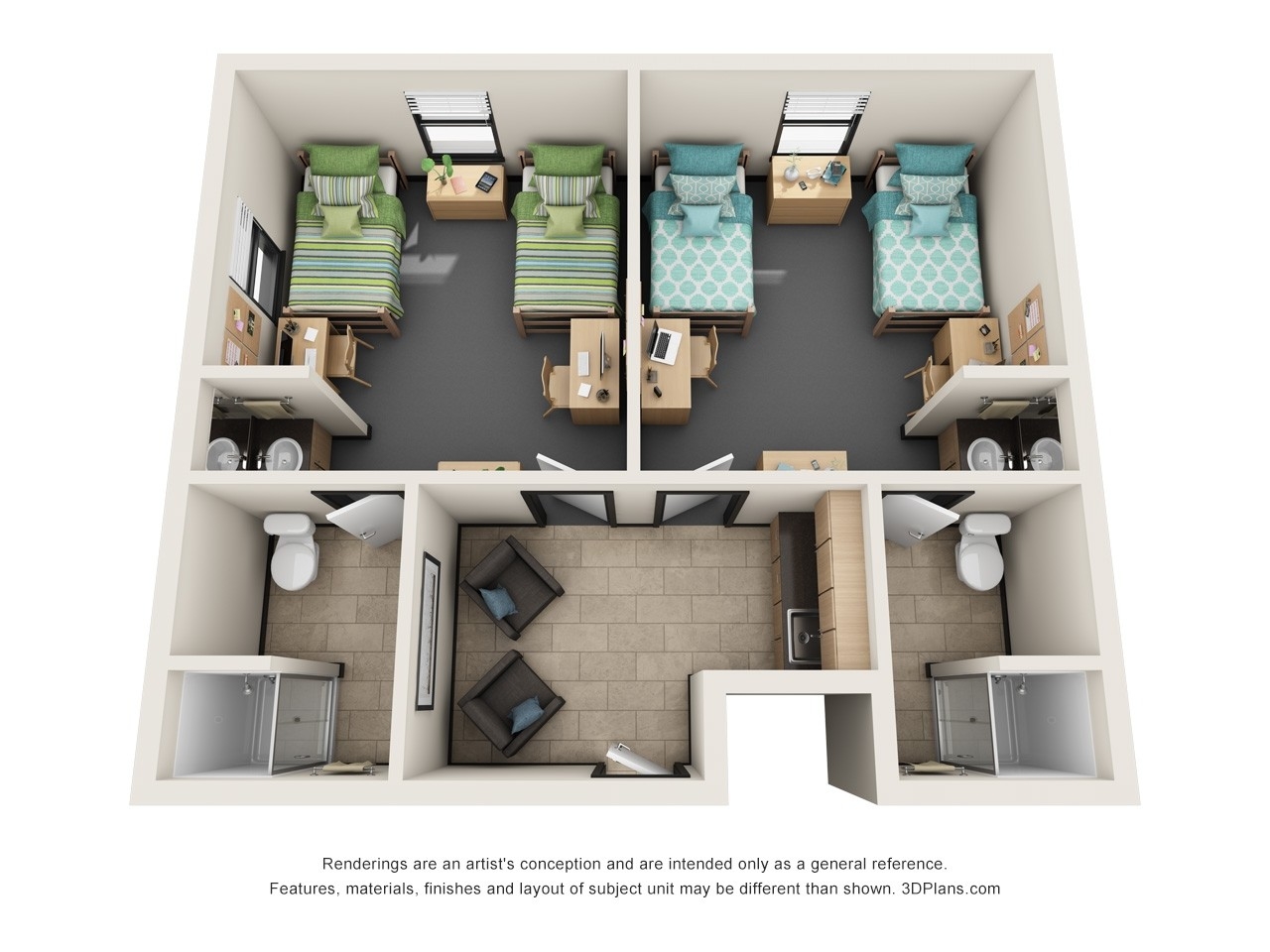 Rendering of University Suites 2-Bedroom Suite. This rendering is an artist's conception and are intended only as a general reference. Features, materials, finishes and layout of subject unit may be different than shown. 