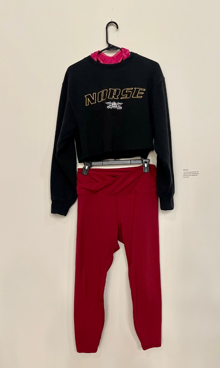 Pink Sports Bra, Cropped NKU sweatshirt, Red leggings