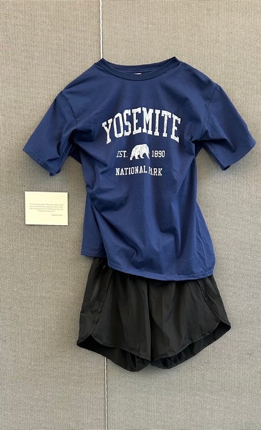 Blue Yosemite t-shirt with black athletic shorts