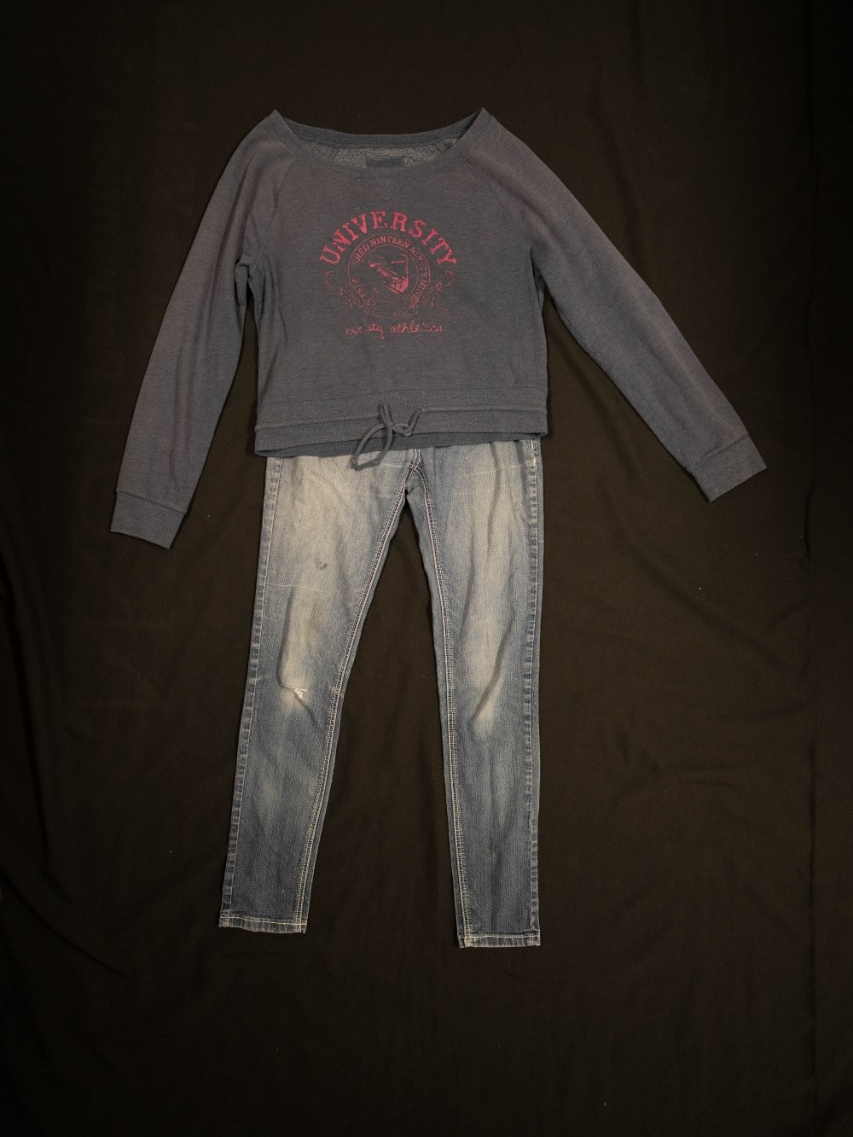 Exhibit displays a gray cropped hoodie with a generic university logo across the front and standard jeans. 