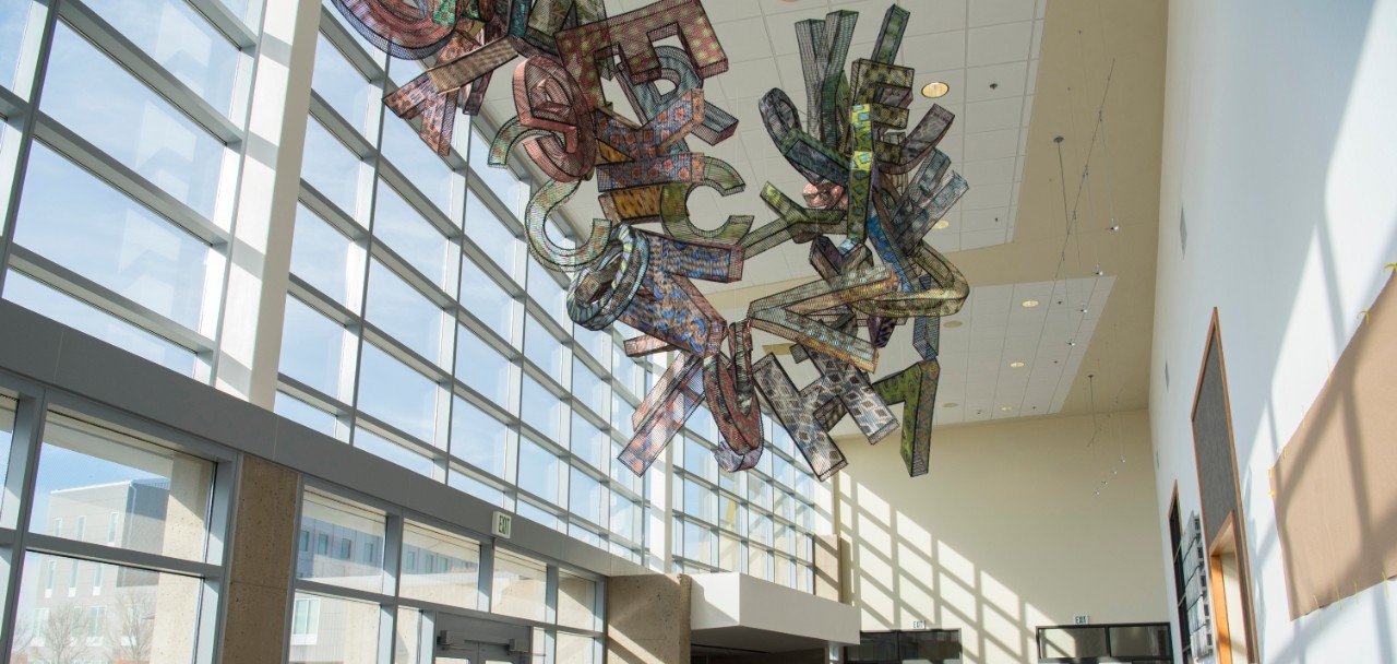 Art installation of letters in Student Union