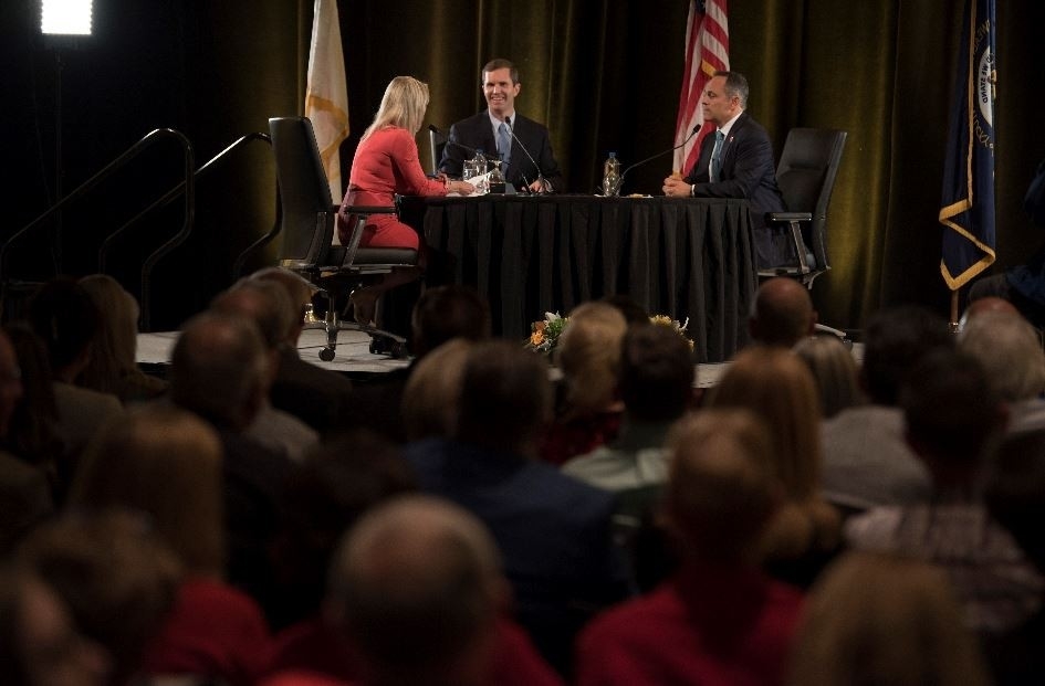 Picture of gubernatorial debate in the Student Union Ballroom on October 29, 2019, between Andy Beshear and Matt Bevin