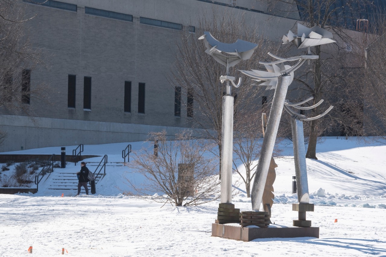 College of Business sculptures in the snow