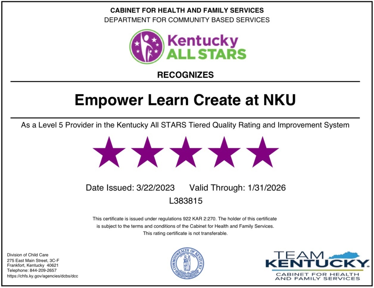 Empower Learn Create at NKU Level 5 Provider Certificate