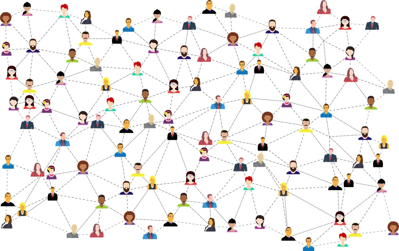 A picture of cartoon people connected by dashed lines, forming a complex web of connections
