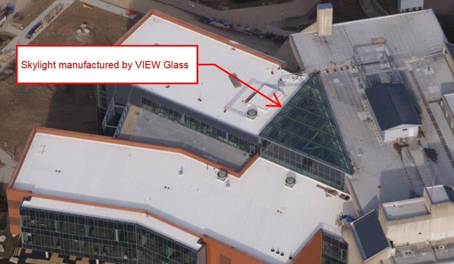 Aerial View of Health Innovation Center Skylight graphic says "Skylight manufactered by VIEW glass"