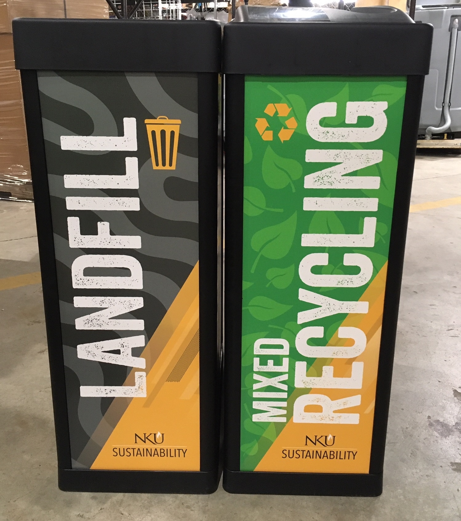 NKU's newly branded bins titled "mixed recycling" and "landfill"