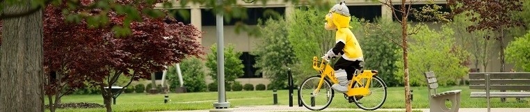 Victor the Viking rides a bike on campus. He is surrounded by trees, colorful bushes, and a bench