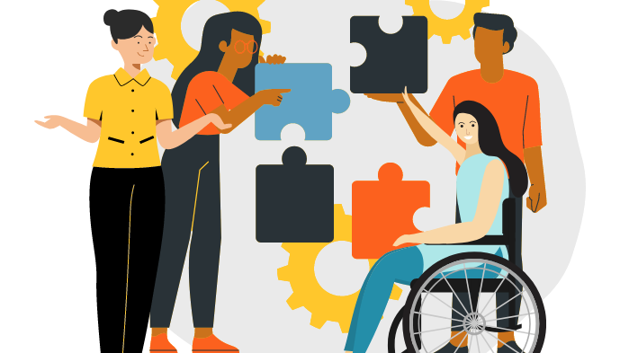 Graphic of diverse group of people holding puzzle pieces.