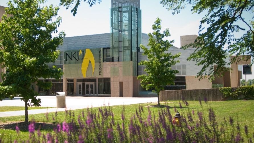 Exterior of the Student Union on a spring day.