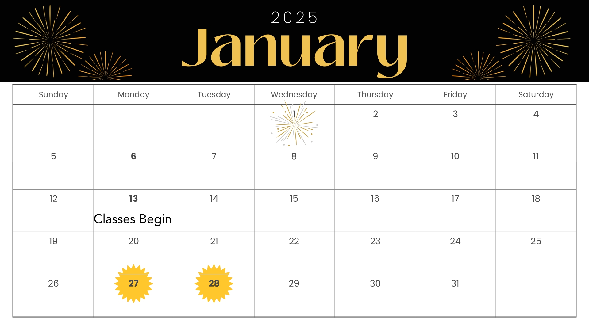 Calendar for January 2025