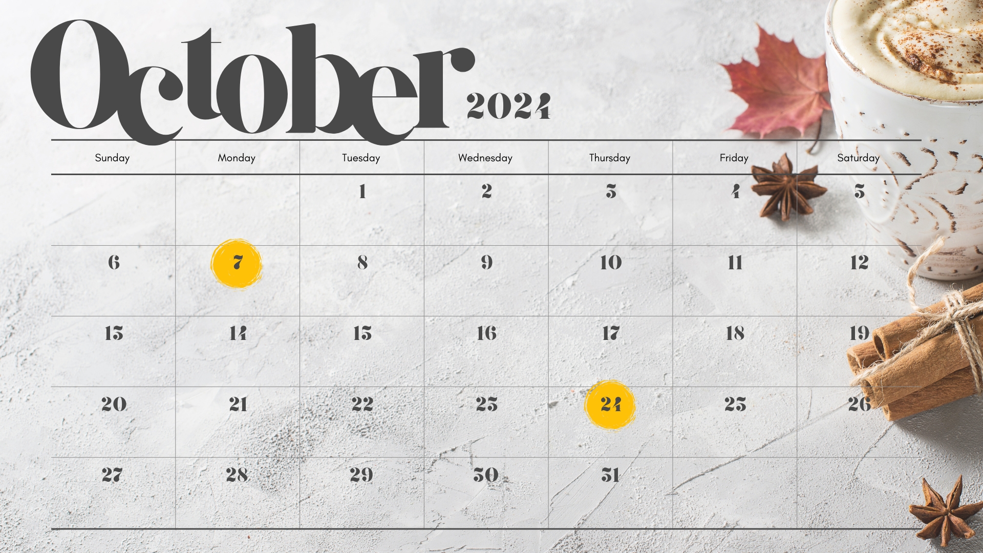 October 2024 Calendar with Fall Leaves