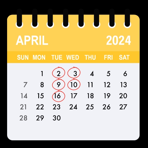 April 2024 Calendar Icon with circles around April 2nd and April 9th