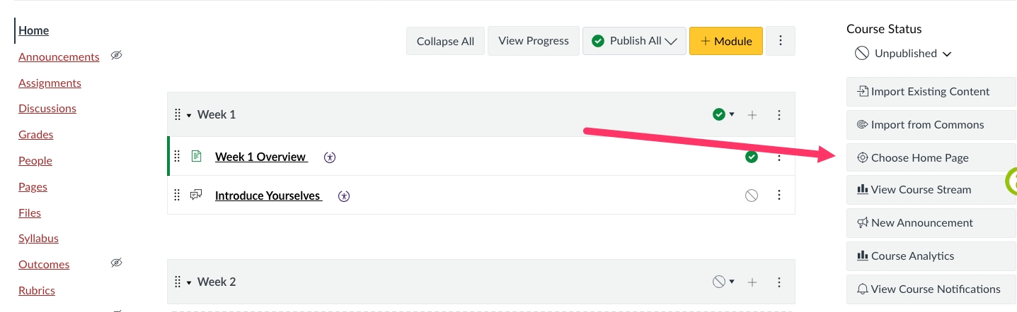 Change the homepage of your course
