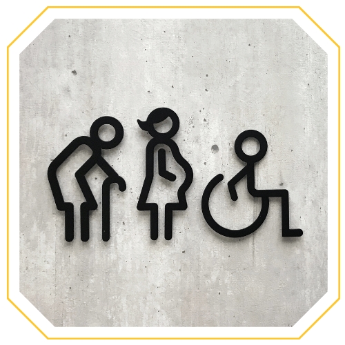 3 figures on a concrete background: person using a wheelchair, a person using a cane, and a pregnant person