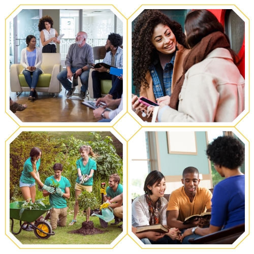 4 images depicting college students in community spaces.