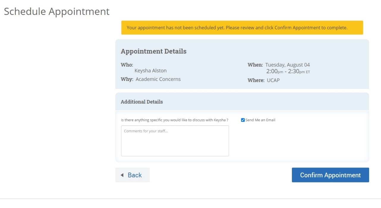 Appointment confirmation screen