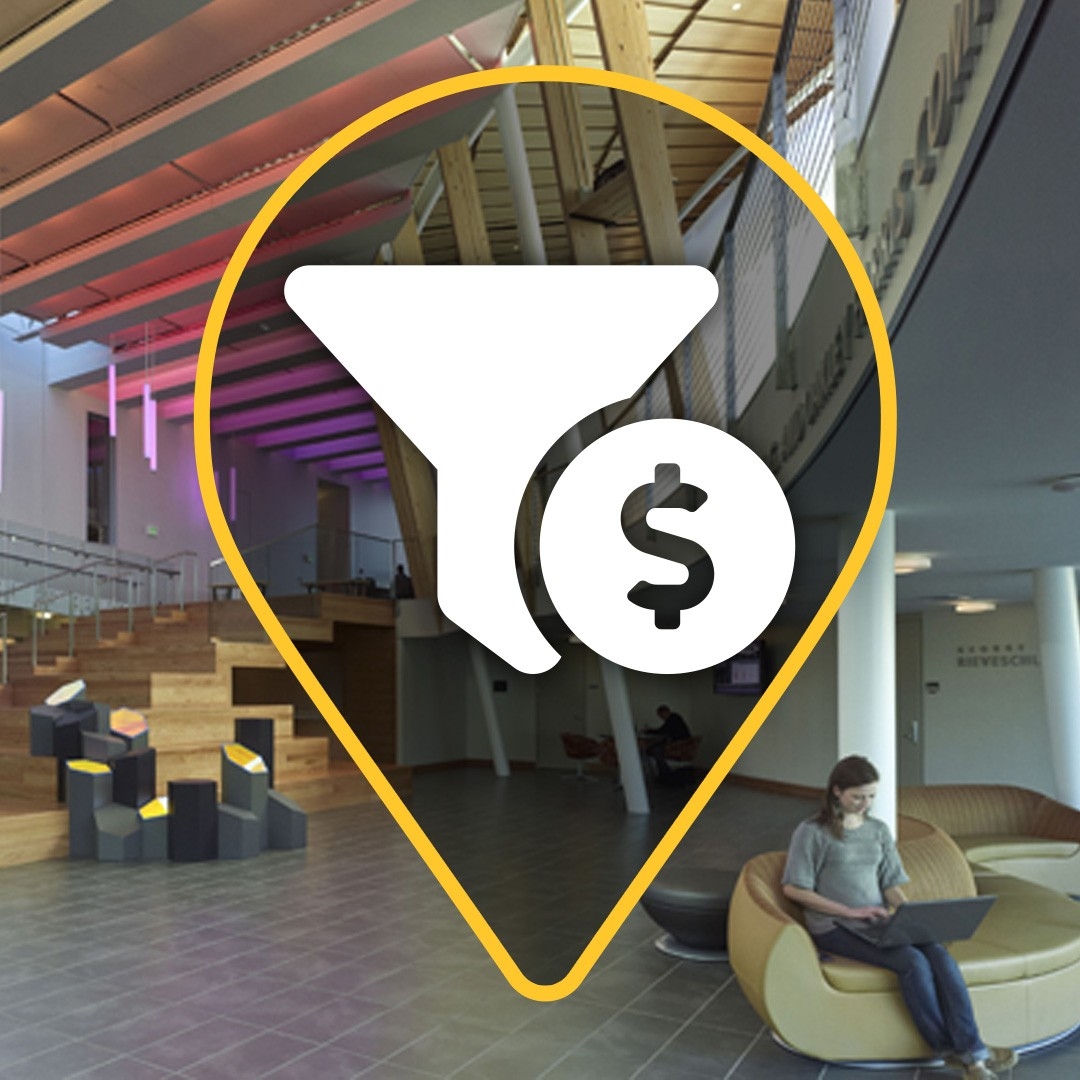 Interior of COI building with student working on a laptop in the lower right and an icon of a funnel and $ icon over top