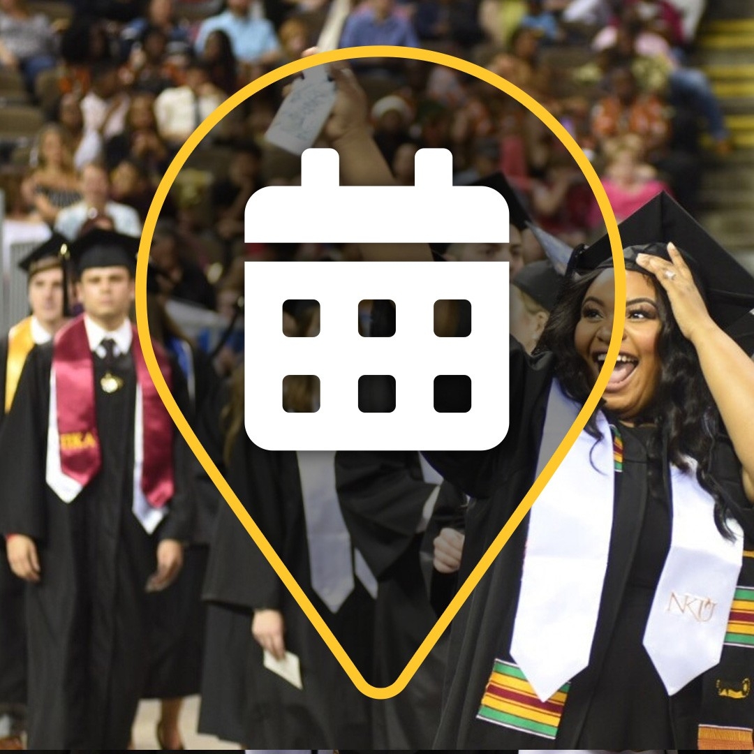Commencement students lined up to walk across the stage during the ceremony with an icon of a calendar on top