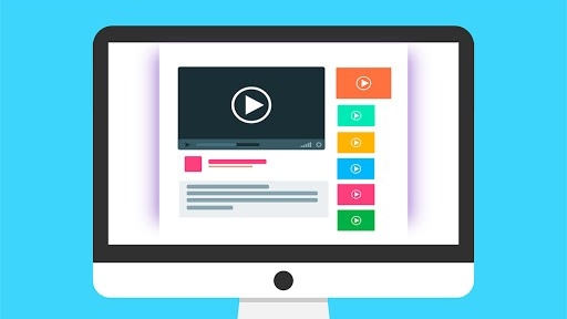 Colorful graphic of a computer monitor with web content and a video embedded on the page. 