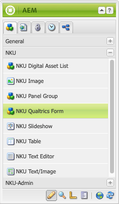 AEM toolbar showing the NKU Qualtrics Form component