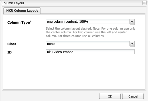 Column component in AEM with ID specified with nku-video-embed