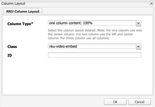 Column component in AEM with the Class specified with nku-video-embed