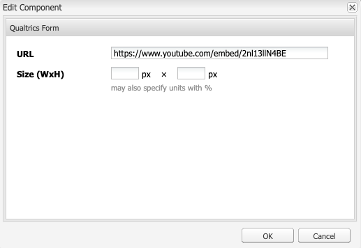 NKU Qualtrics Form component with the URL added and height/width left blank.