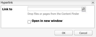 AEM hyperlink prompt for URL with search icon link on right side.