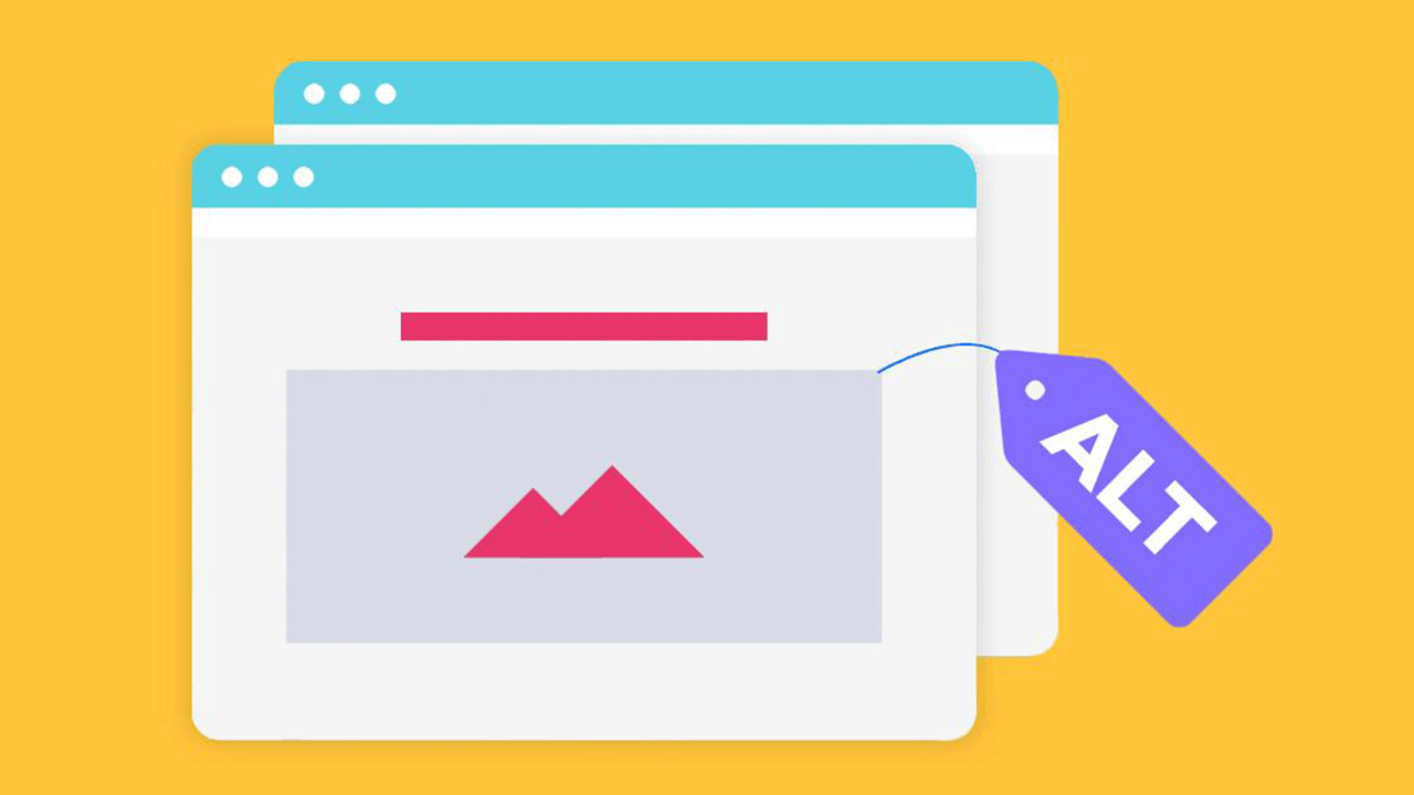 Image of a web page window with an image icon and a flag where alt text goes.