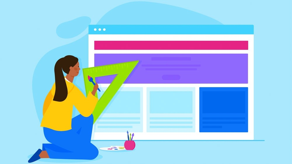 Illustration of a woman with brown skin and long black hair in a ponytail working with a straight edge ruler on a large screen of web page boxes.
