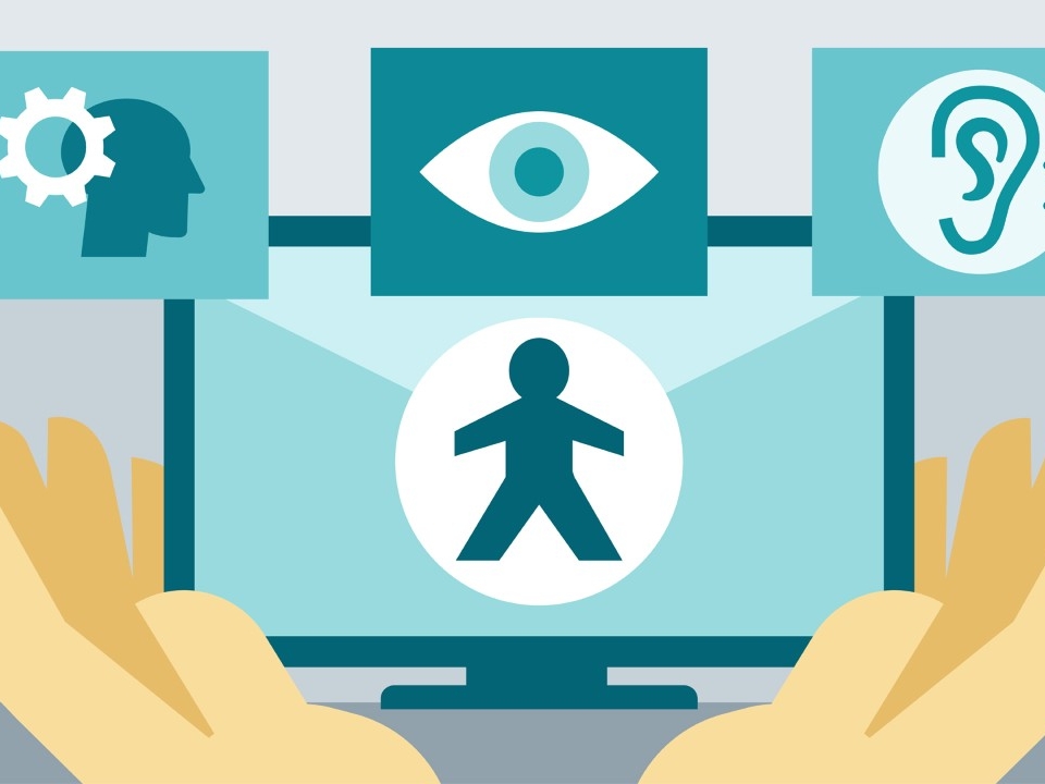 Illustration showing two hands framing in a monitor with an accessibility icon, a brain/cog icon, an eye icon and an ear icon to represent different accessibility issues and web design
