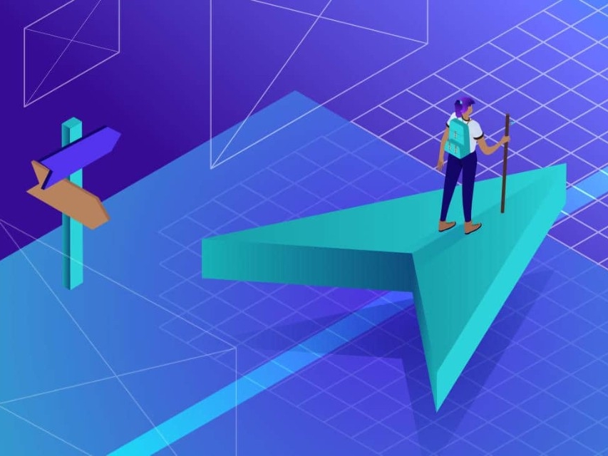 Illustration of an arrow on a line with a person standing on the arrow navigating a path