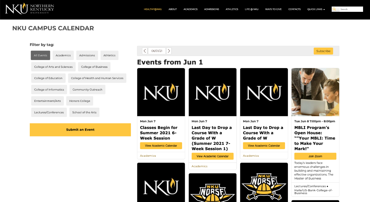 Screen capture of event cards listed on the calendar page
