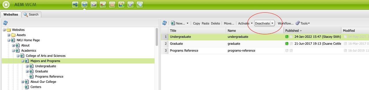 Screenshot showing the interface in Adobe Experience Manager and how to select the content and menu items to deactivate.