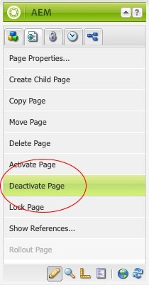 Screenshot showing Adobe Experience Manager toolbar and how to select the content and menu items to deactivate.
