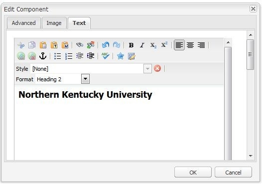 The Text tab of a Text/Image component with Northern Kentucky University typed