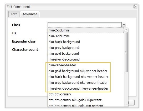 Class dropdown with Veneer font and background options highlighted